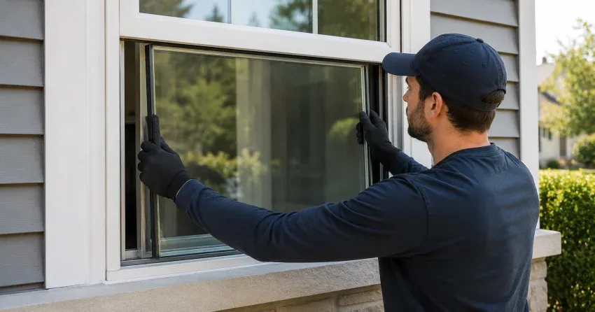technician boarding up broken window during emergency glass repair Couchiching Point, Orillia
