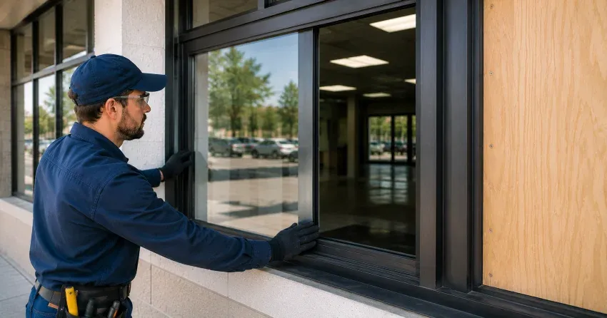 technician boarding a broken window after a break-in in West Ridge, Orillia