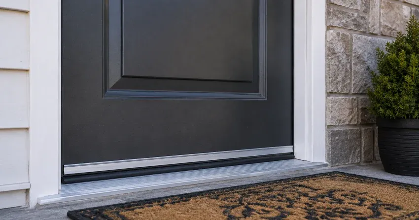 technician replacing worn door weatherstripping in Cedar Island, Orillia home