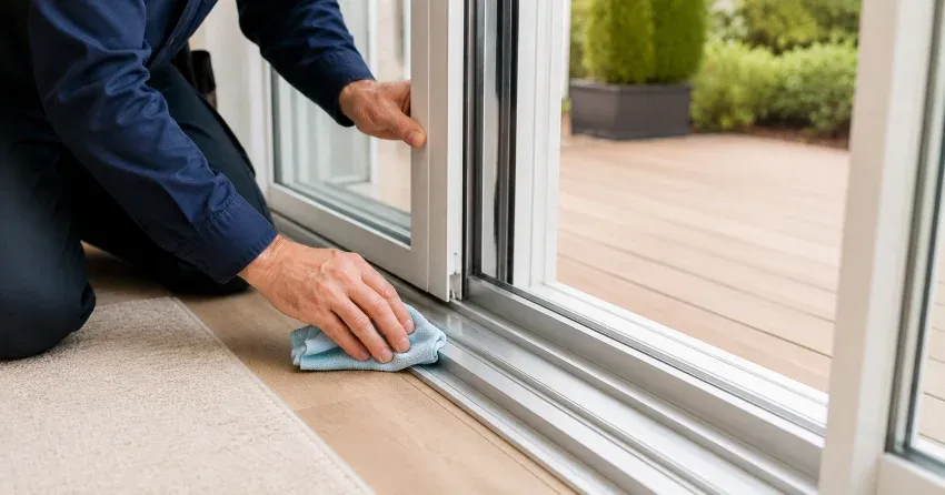 technician inspecting a sliding patio door track in Marchmont, Orillia