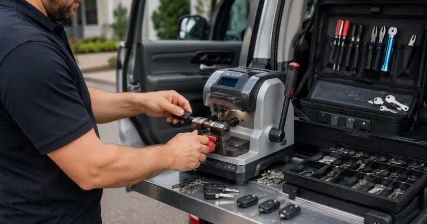 technician cutting a replacement car door lock key in Orchard Point, Orillia