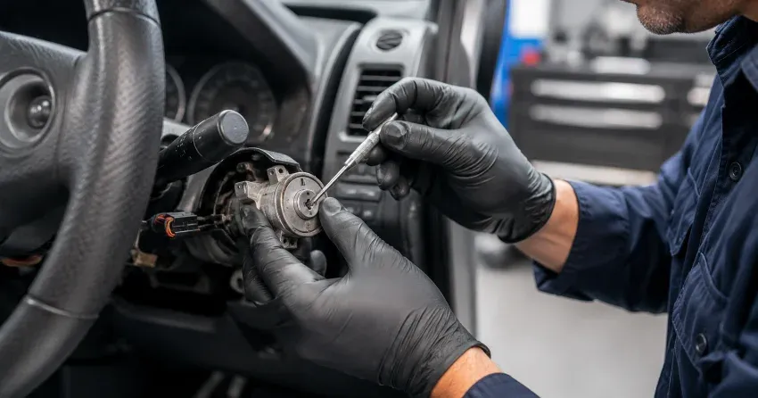 technician diagnosing an ignition lock repair issue in Couchiching Point, Orillia