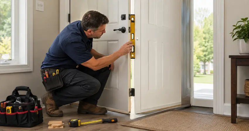 technician diagnosing a misaligned door frame in North Ward, Orillia