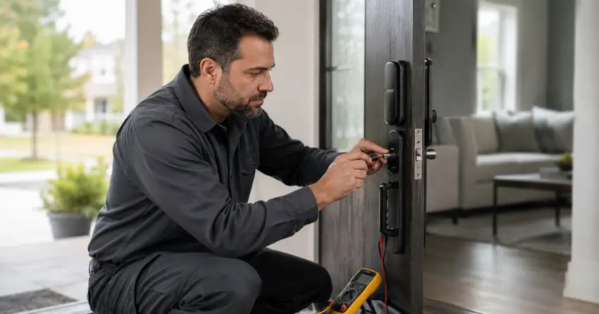 technician diagnosing automatic door lock mechanism on residential door in Orillia