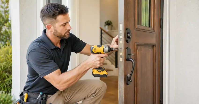 locksmith installing new deadbolt lock on front door in Tudhope, Orillia
