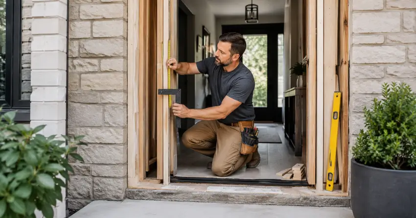 exterior door installer assessing rough opening in West Ridge, Orillia