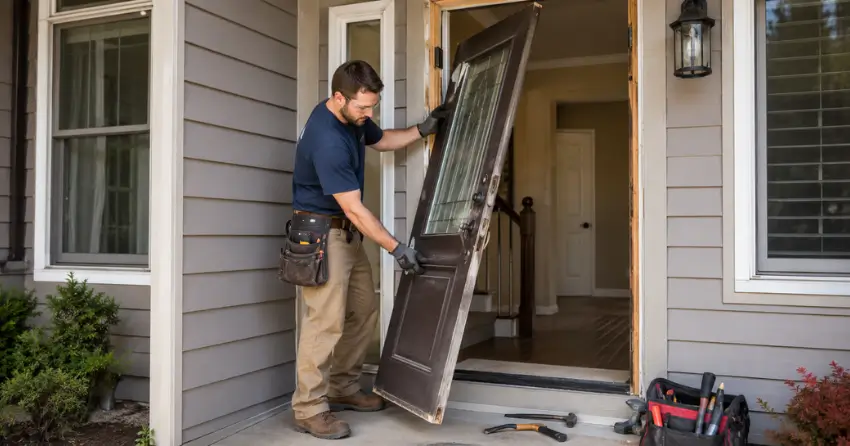 old exterior door being removed for replacement in Orillia