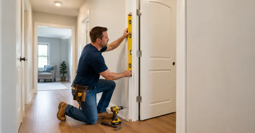 technician installing a pre-hung interior door in a home hallway West Ridge, Orillia