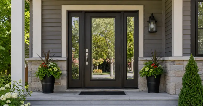 glass entry door with sidelights on a home in Orchard Point, Orillia