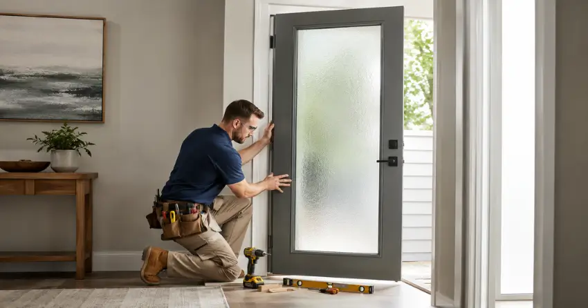 glass panel door installation with frosted privacy glass in residential setting in Orillia