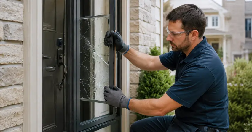 technician removing cracked storm door glass panel in Marchmont, Orillia