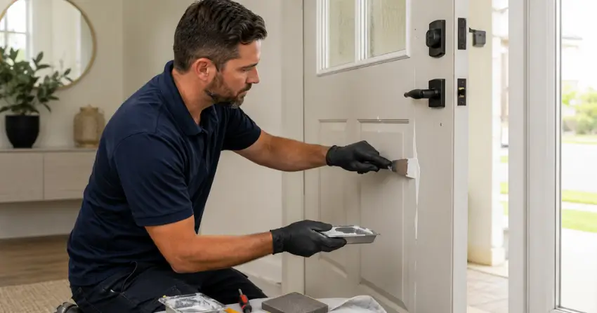 technician repairing fiberglass door surface crack in West Ridge, Orillia