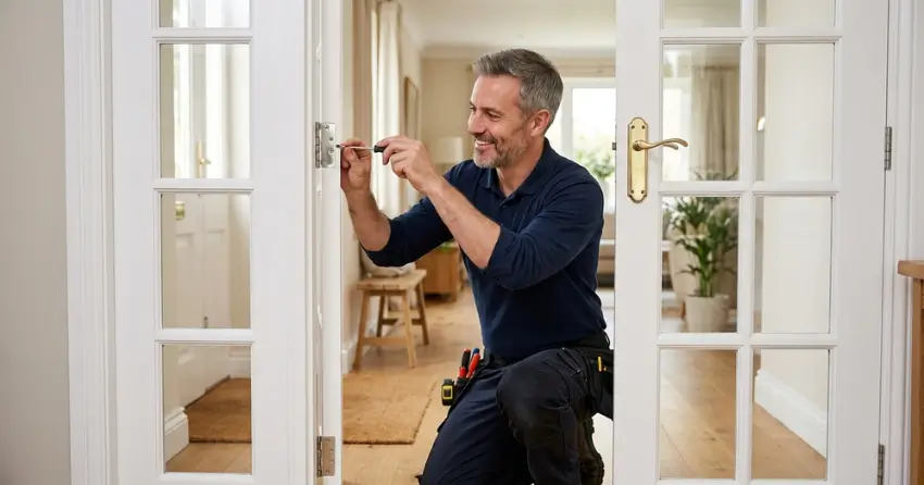 technician adjusting French door hinge for proper alignment in Orillia