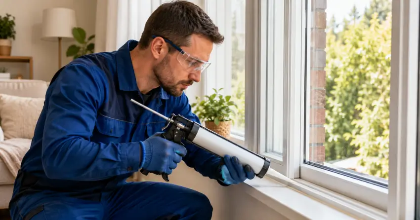 technician repairing window seal and frame in Westmount, Orillia