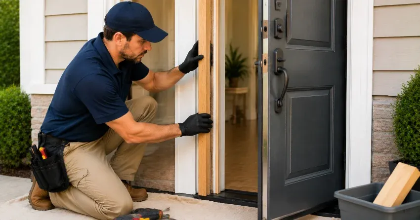 technician inspecting damaged door frame corner in Orchard Point, Orillia