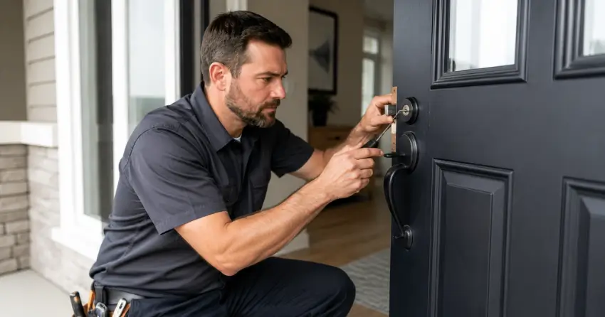 licensed locksmith technician working on residential deadbolt in Orillia