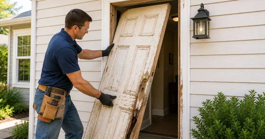 warped exterior door frame showing weather damage in Cedar Island, Orillia